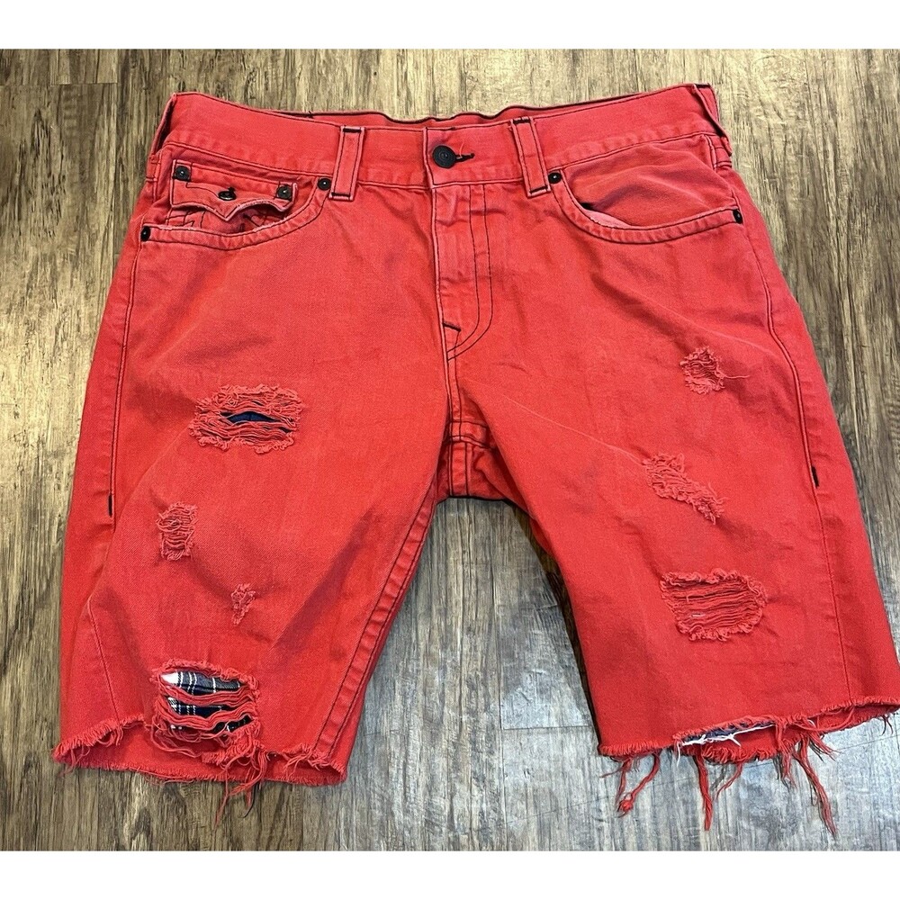 True Religion Mens Red Cut-Off Denim Shorts Size 36 Horseshoe Flap Pocket
